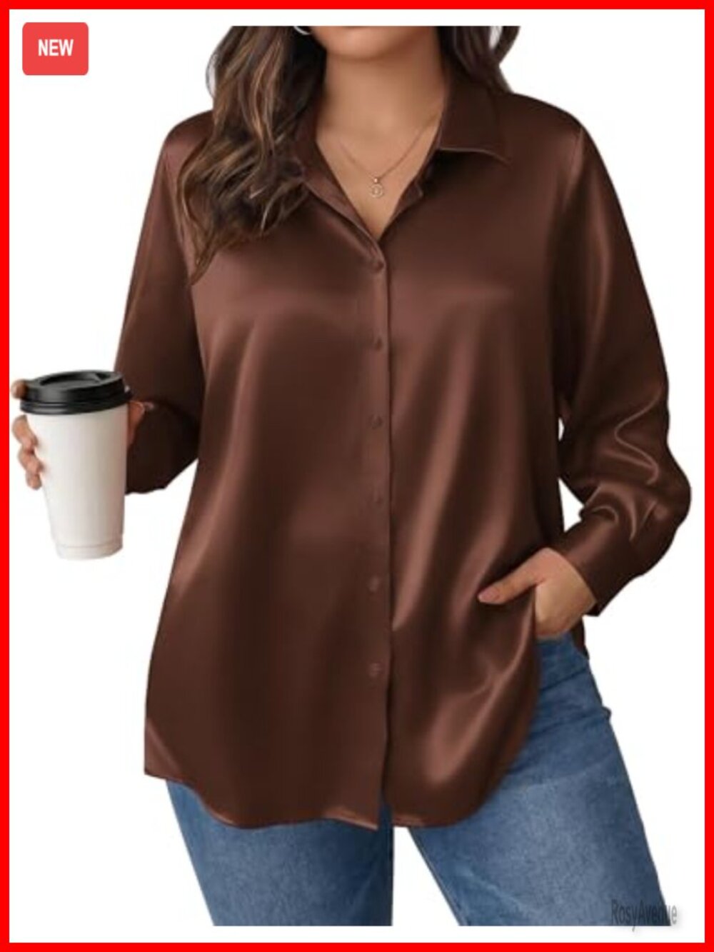 Women's Plus Size Satin Button Down Blouse Long Sleeve V-Neck Office Top